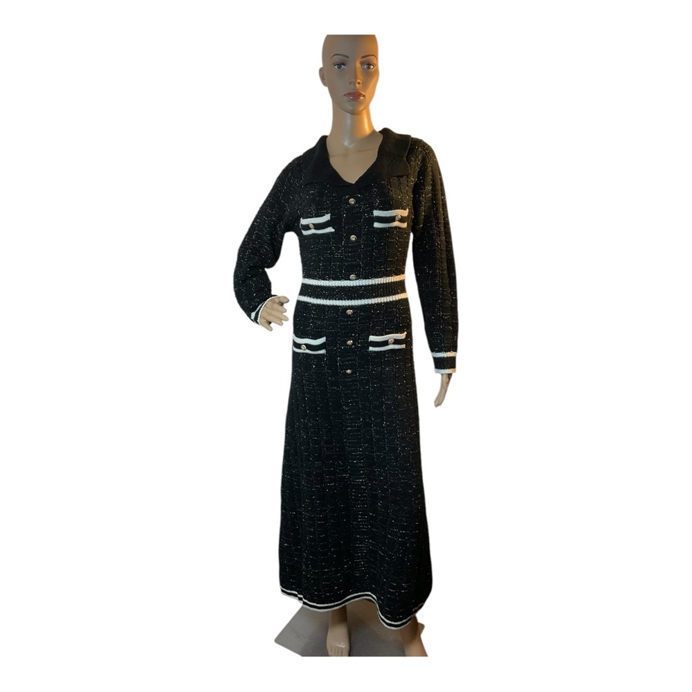 Knit Mix Women’s Black White Button Detail Pocket Patched Knit Maxi Dress Size M
